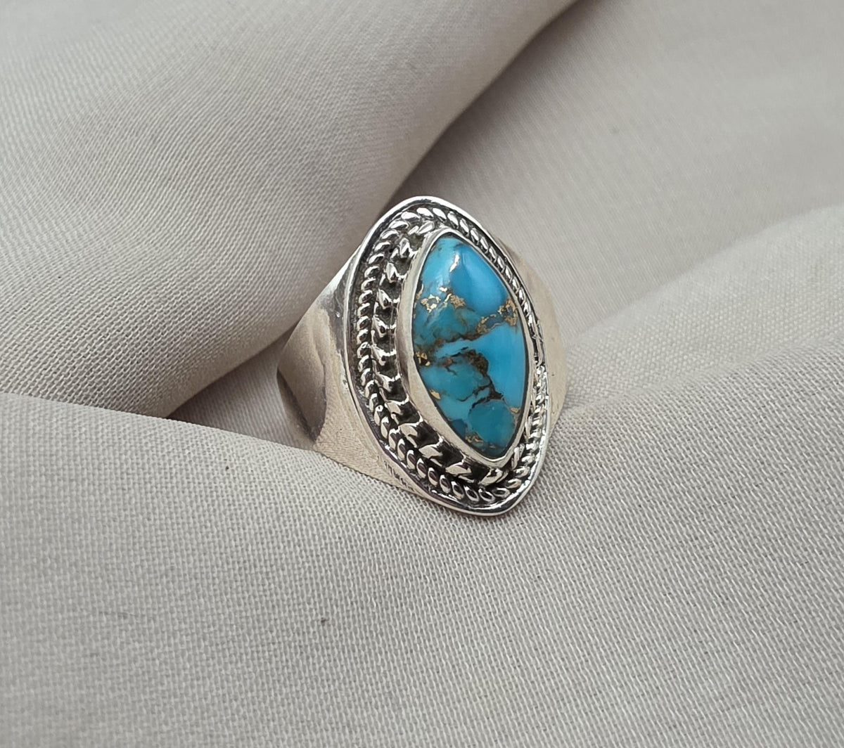 Blue Copper Turquoise Marquise Ring 925 Sterling Silver Statement Ring December Birthstone Gift