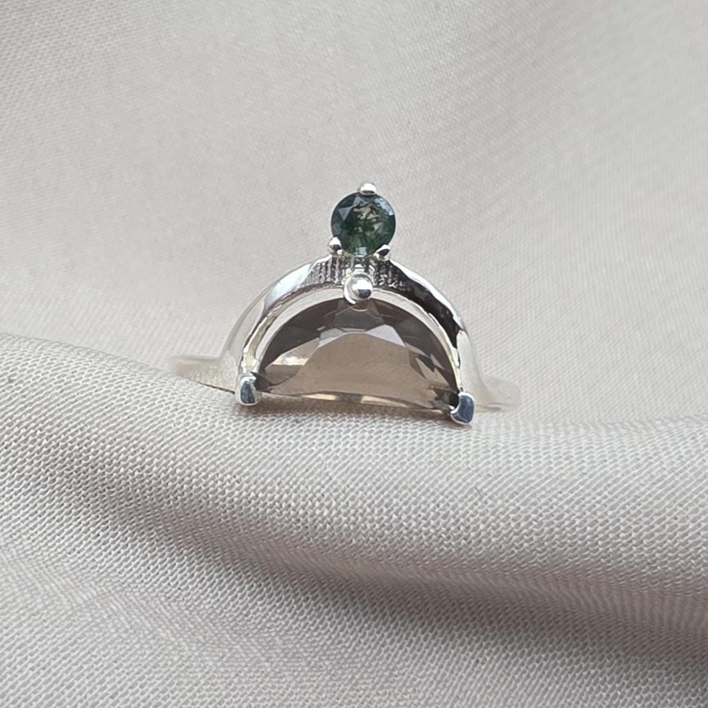 Smoky Quartz Ring 925 Silver Dual Stone Moss Agate Statement Ring Half Moon Jewelry