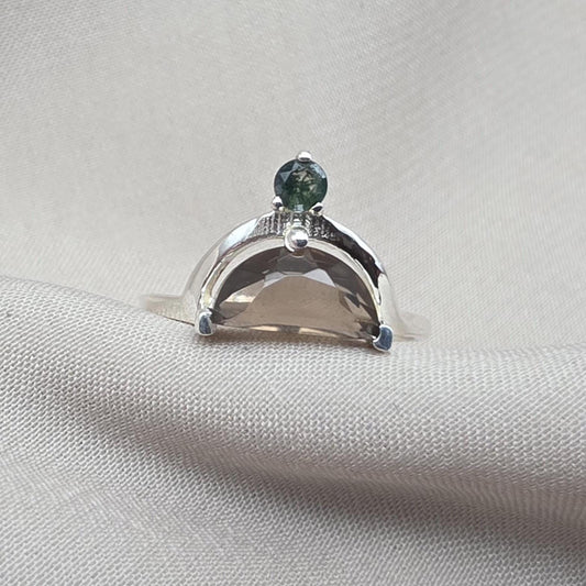 Smoky Quartz Ring 925 Silver Dual Stone Moss Agate Statement Ring Half Moon Jewelry