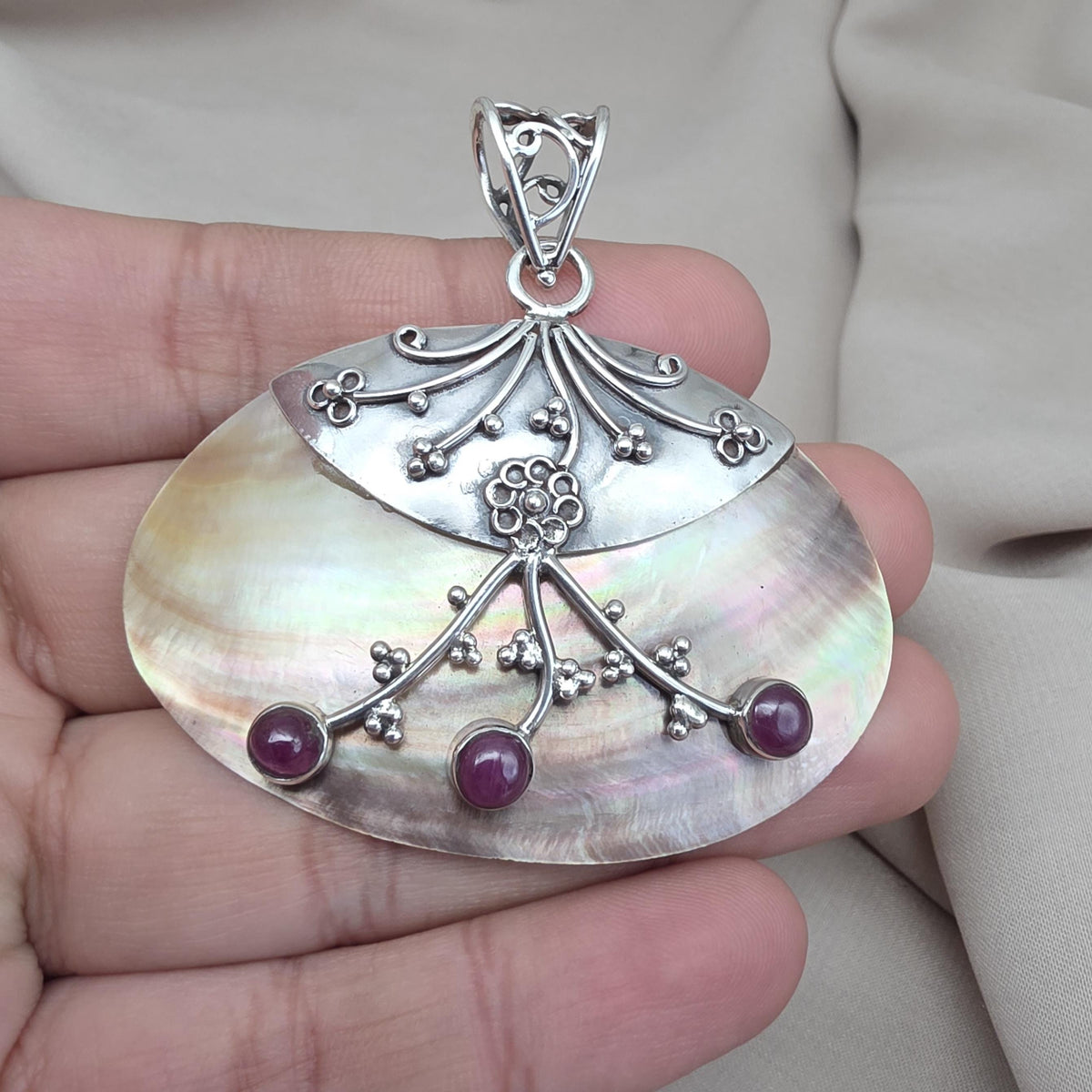 Mother of Pearl Silver Pendant Natural Ruby Cabochon Handmade 925 Sterling Silver Gemstone Jewelry