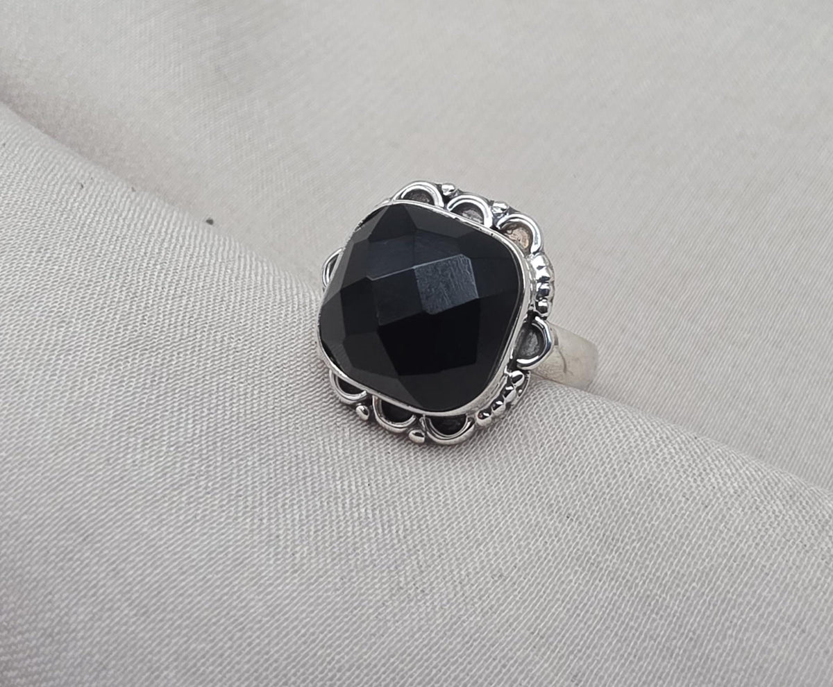 925 Sterling Silver Black Onyx Ring Cushion Cut Natural Gemstone Handmade Vintage Style Gift