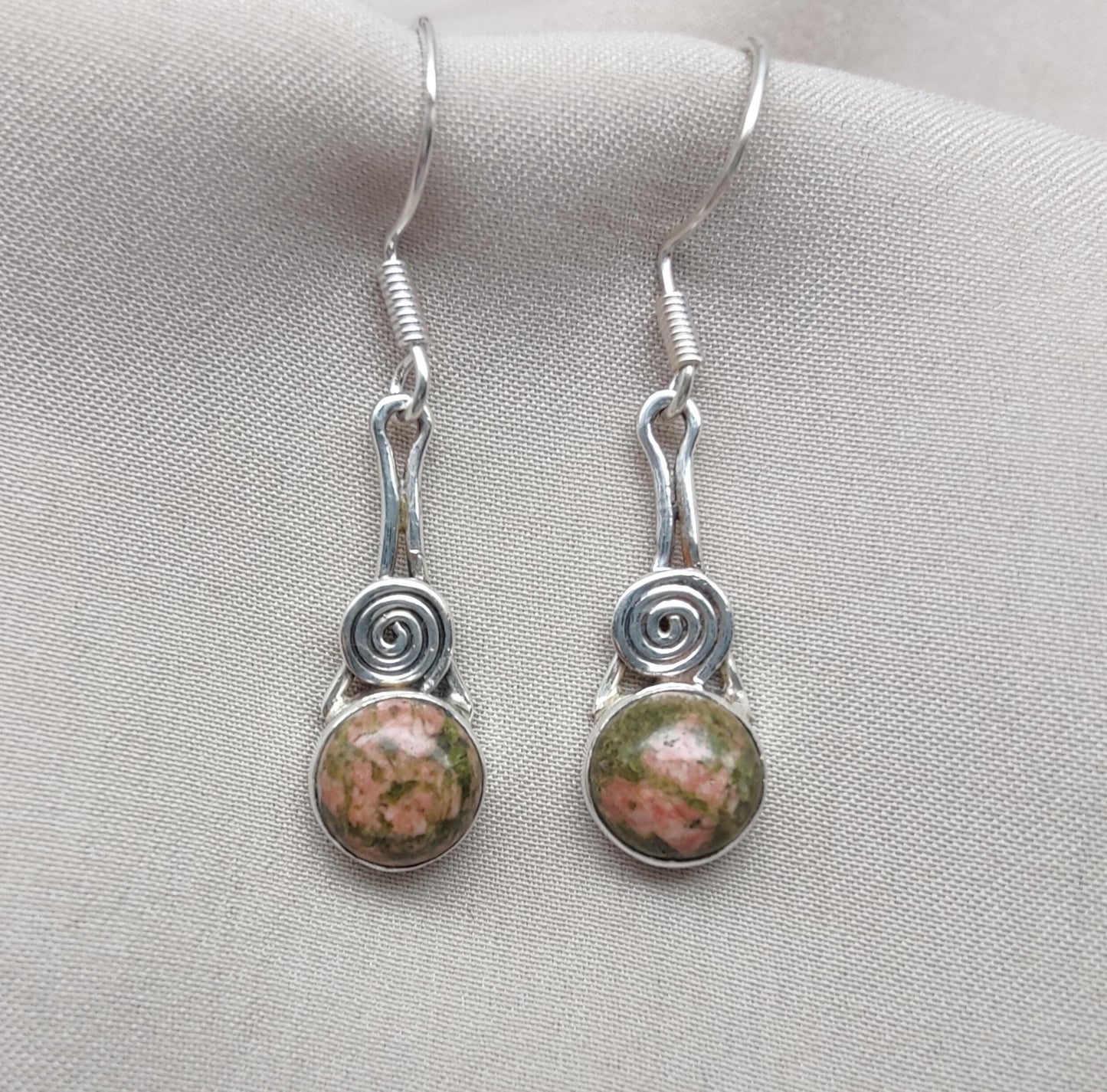 Unakite Dangle Earrings: 925 Sterling Silver, Boho Healing Stone
