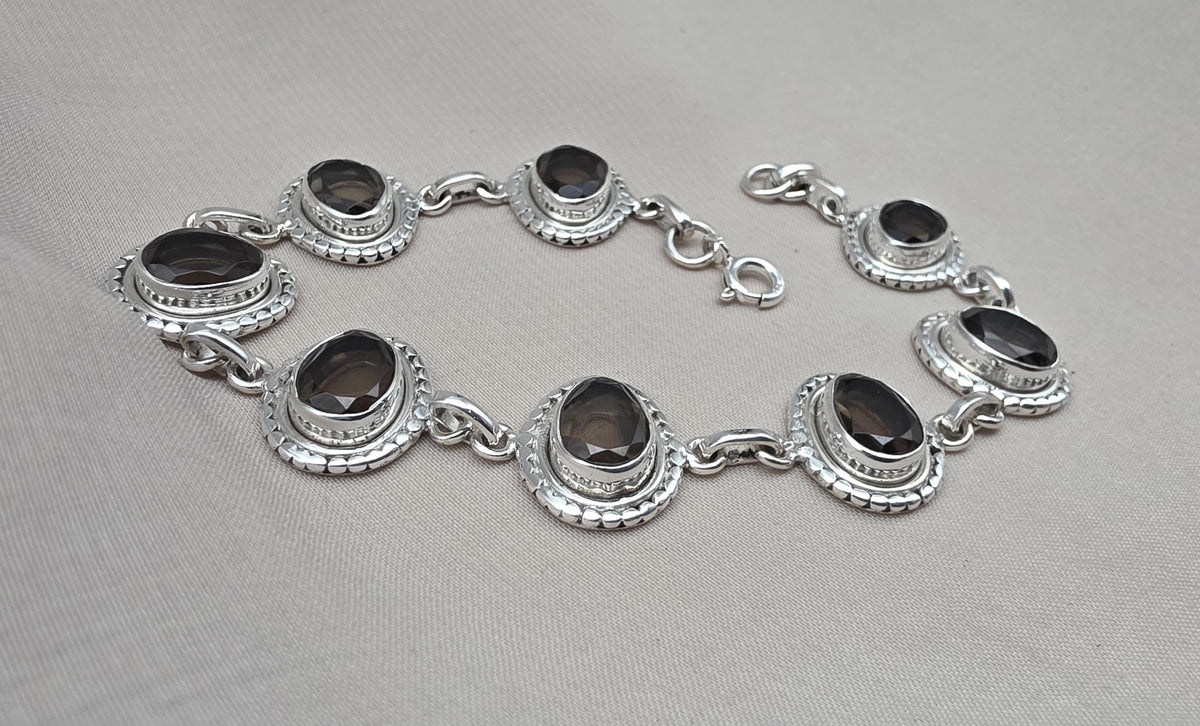 925 Sterling Silver Smoky Quartz Bracelet Natural Brown Oval Gemstone Handmade Jewelry