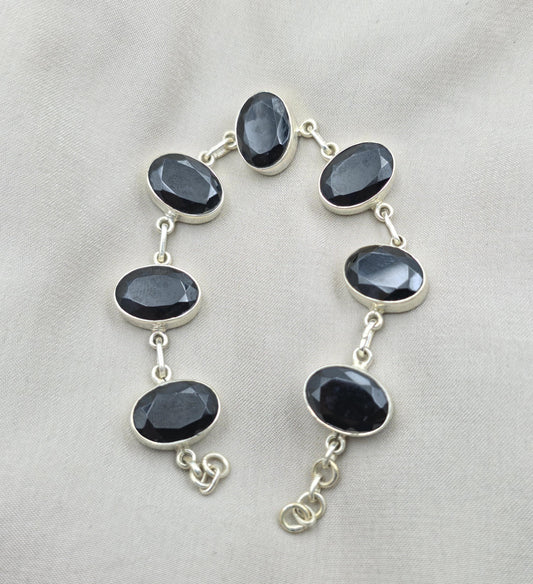Black Onyx 925 Sterling Silver Faceted Oval Stone Link Bracelet Handmade Jewelry