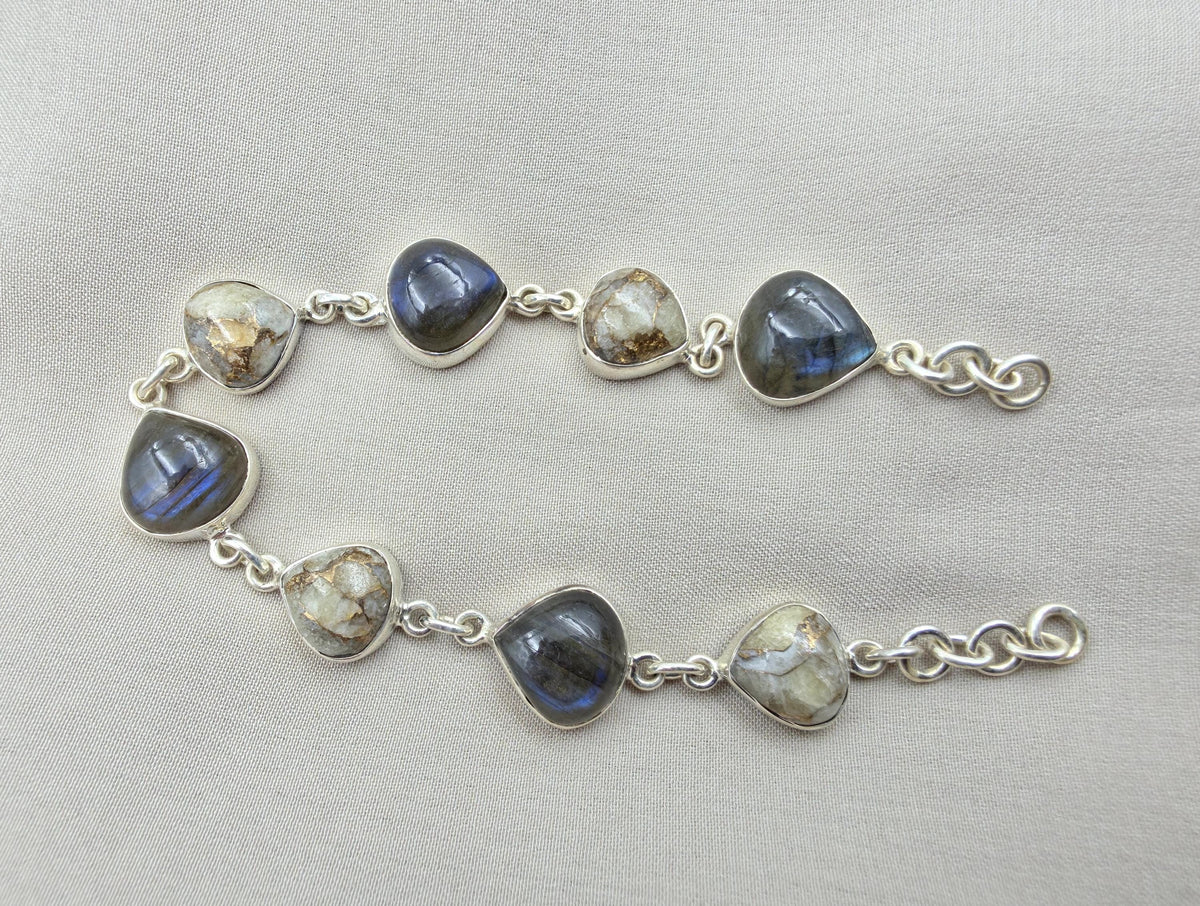 925 Sterling Silver Labradorite & Copper Calcite Bracelet Natural Gemstone Link Bracelet Handmade Boho Jewelry