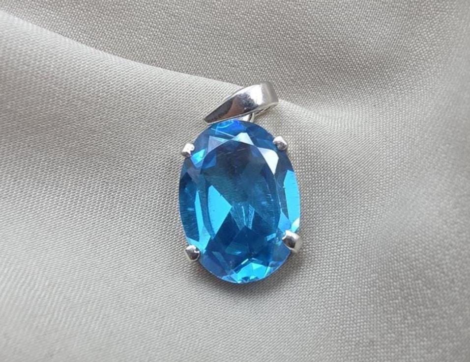 925 Sterling Silver Oval Blue Quartz Pendant, Natural Gemstone Charm, Boho Statement Jewelry