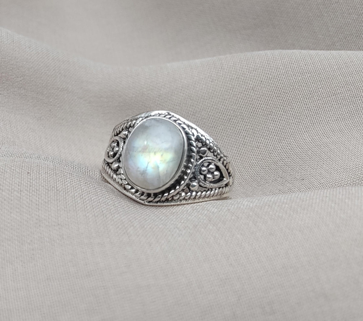 Rainbow Moonstone Ring: Oxidized 925 Sterling Silver, Boho Floral Design