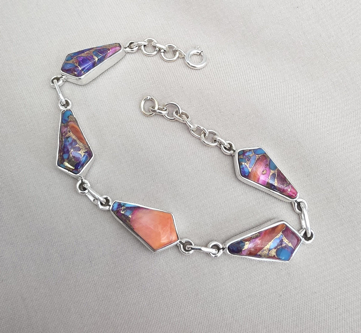 Spiny Oyster Turquoise 925 Sterling Silver Multi Stone Link Bracelet Handmade Boho Statement Jewelry