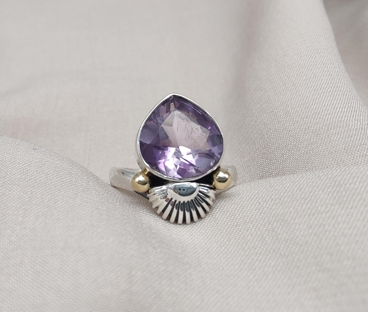 Amethyst Teardrop Ring: 925 Sterling Silver, Gold Shell Motif