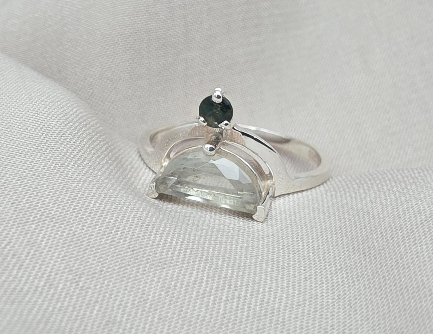 Green Amethyst Ring 925 Silver Dual Stone Moss Agate Statement Ring