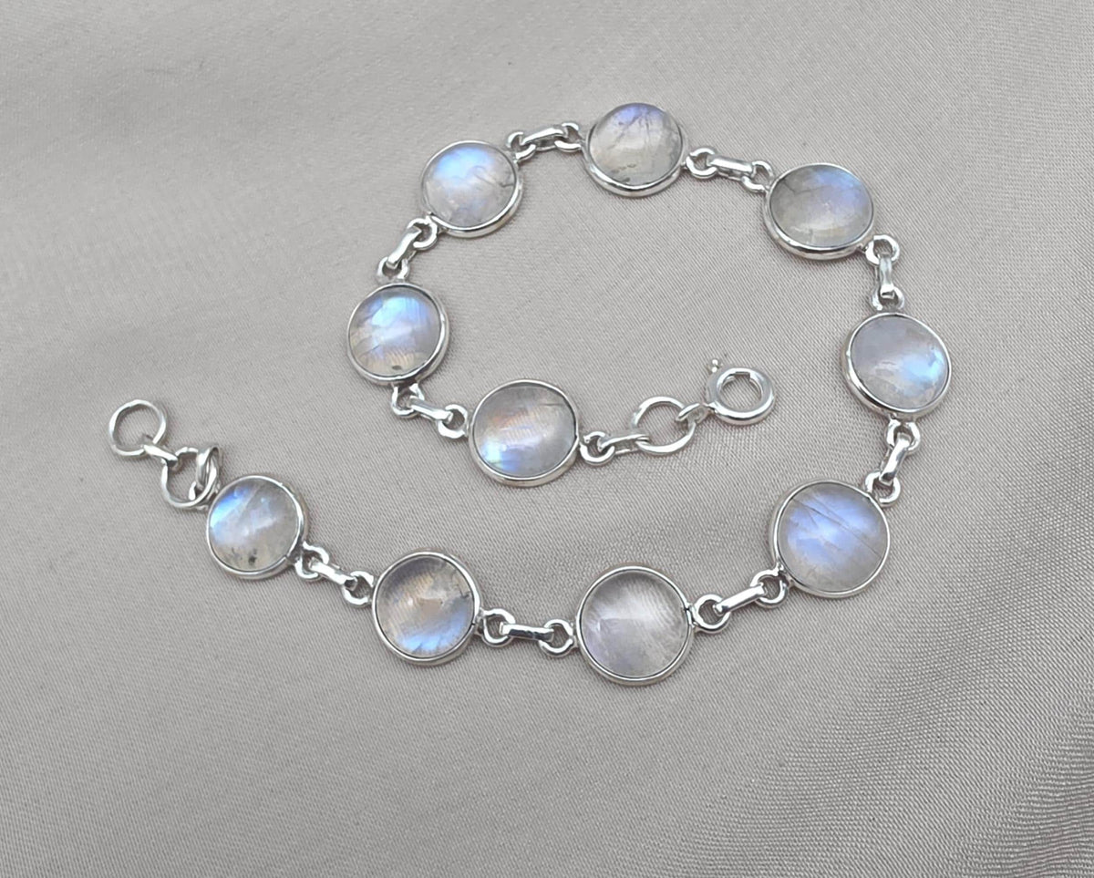 925 Sterling Silver Blue Flash Rainbow Moonstone Bracelet Natural Oval Link Jewelry