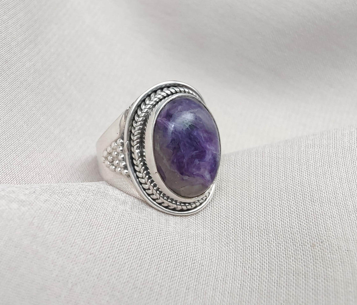Natural Charoite 925 Sterling Silver Ring: Handmade Boho Gemstone Jewelry