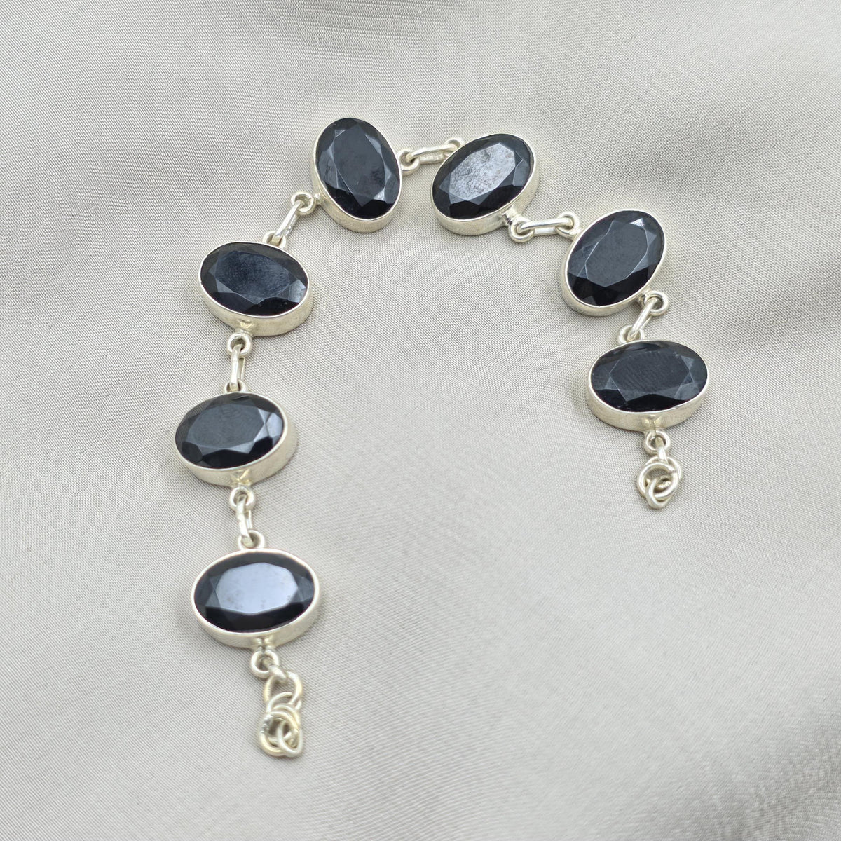 Black Onyx 925 Sterling Silver Faceted Oval Stone Link Bracelet Handmade Jewelry