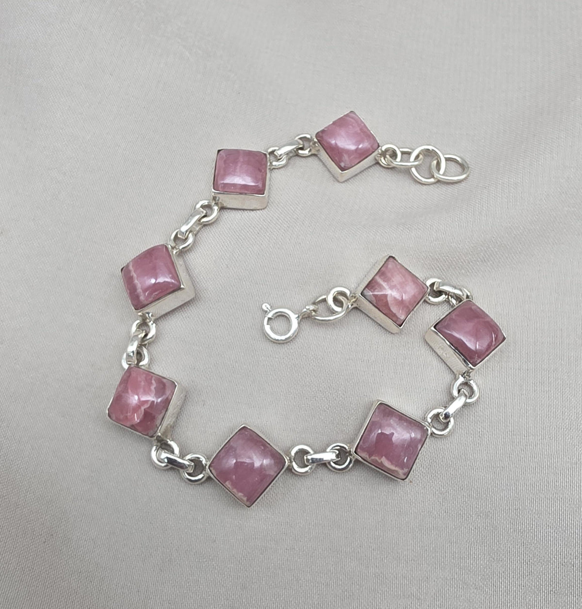 925 Sterling Silver Rhodochrosite Bracelet Pink Gemstone Square Link Bracelet Gift for Her