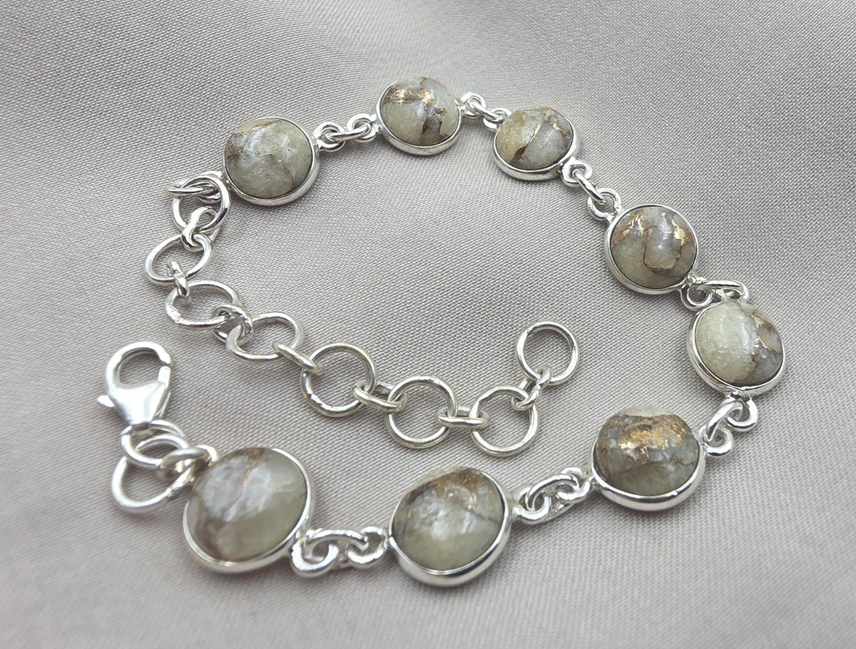 925 Sterling Silver Copper Calcite Bracelet Natural Round Gemstone Link Bracelet Gift for Her