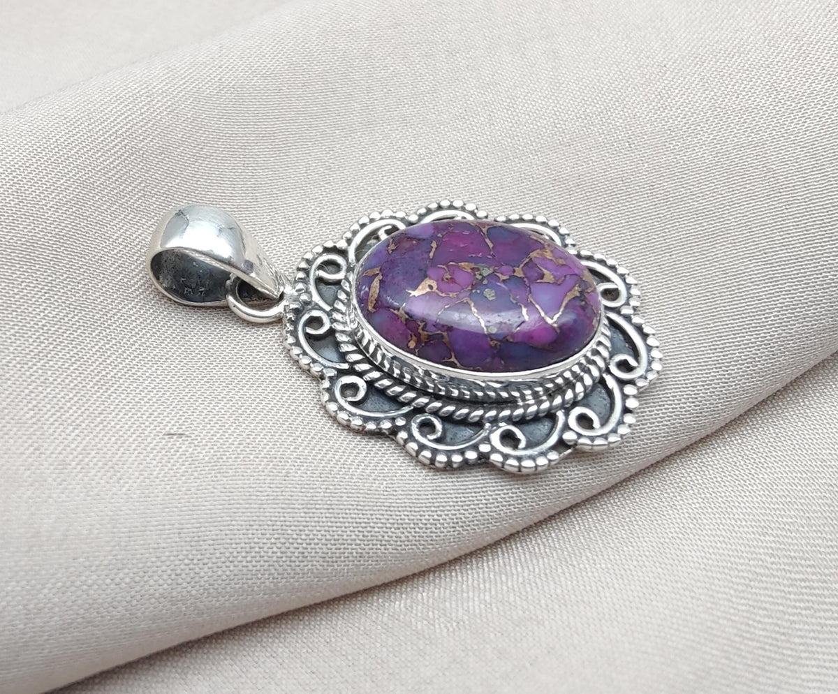 Purple Copper Turquoise Pendant: Sterling Silver Boho Statement Necklace