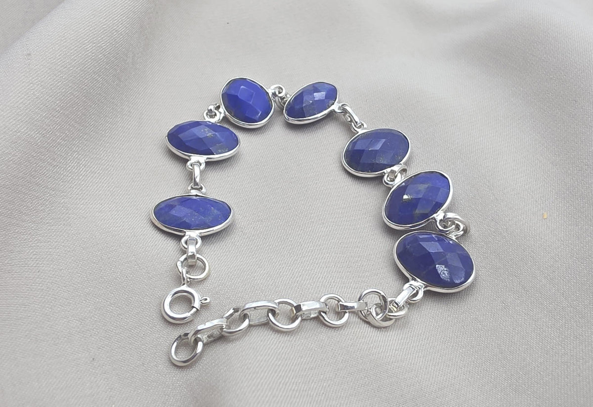 925 Sterling Silver Lapis Lazuli Bracelet Natural Blue Gemstone Bracelet Handmade Jewelry