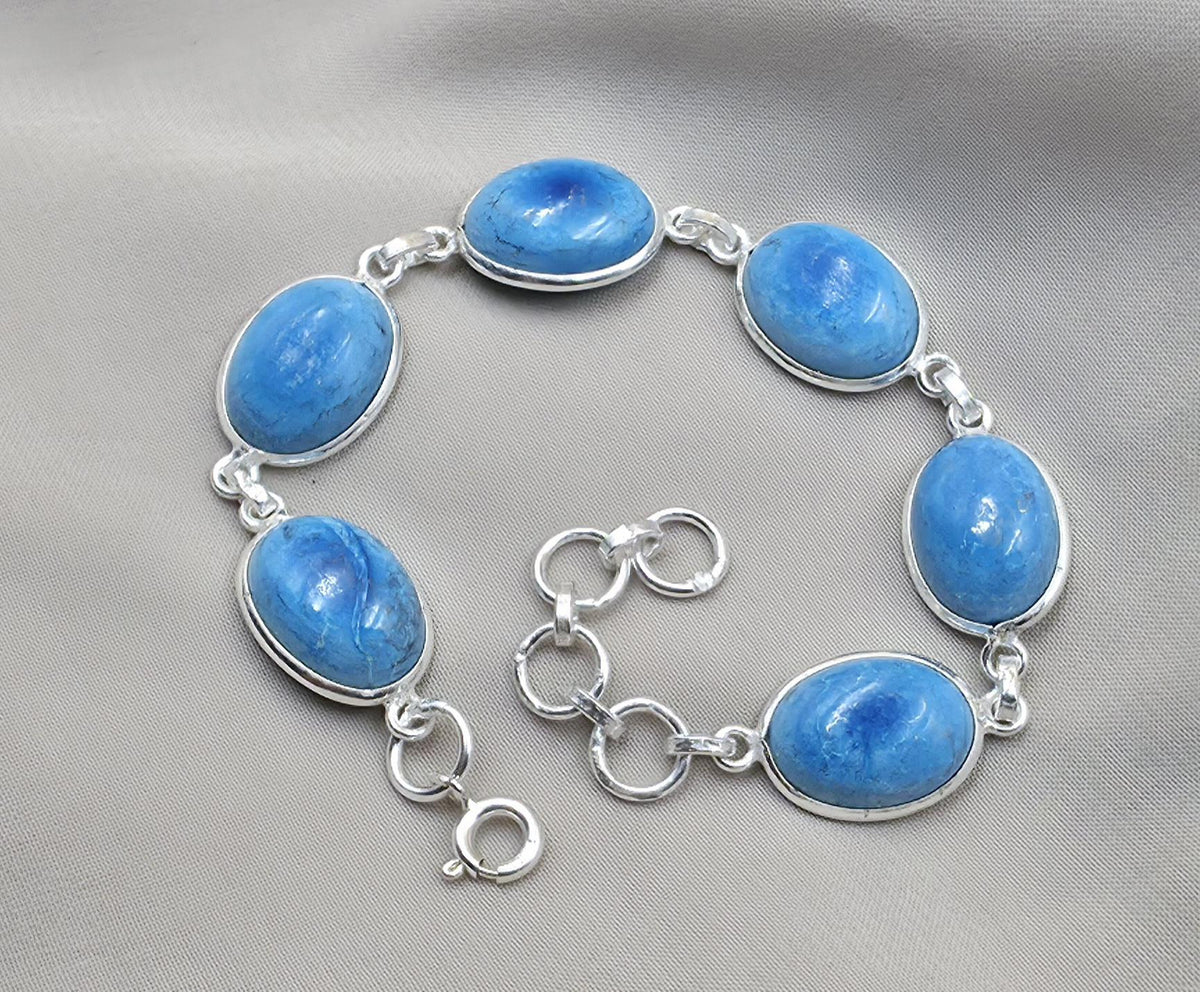 925 Sterling Silver Larimar Bracelet Natural Blue Gemstone Oval Link Jewelry