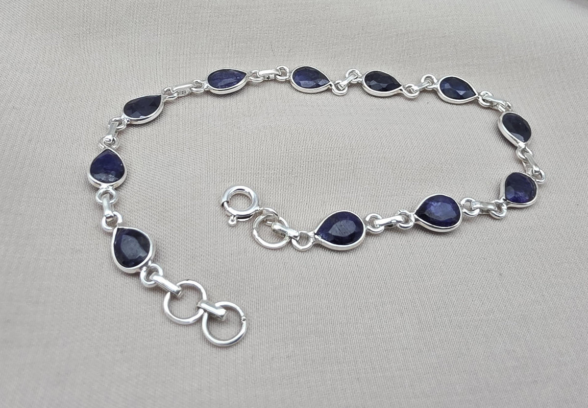 925 Sterling Silver Sapphire Bracelet Natural Blue Gemstone Pear Link Jewelry