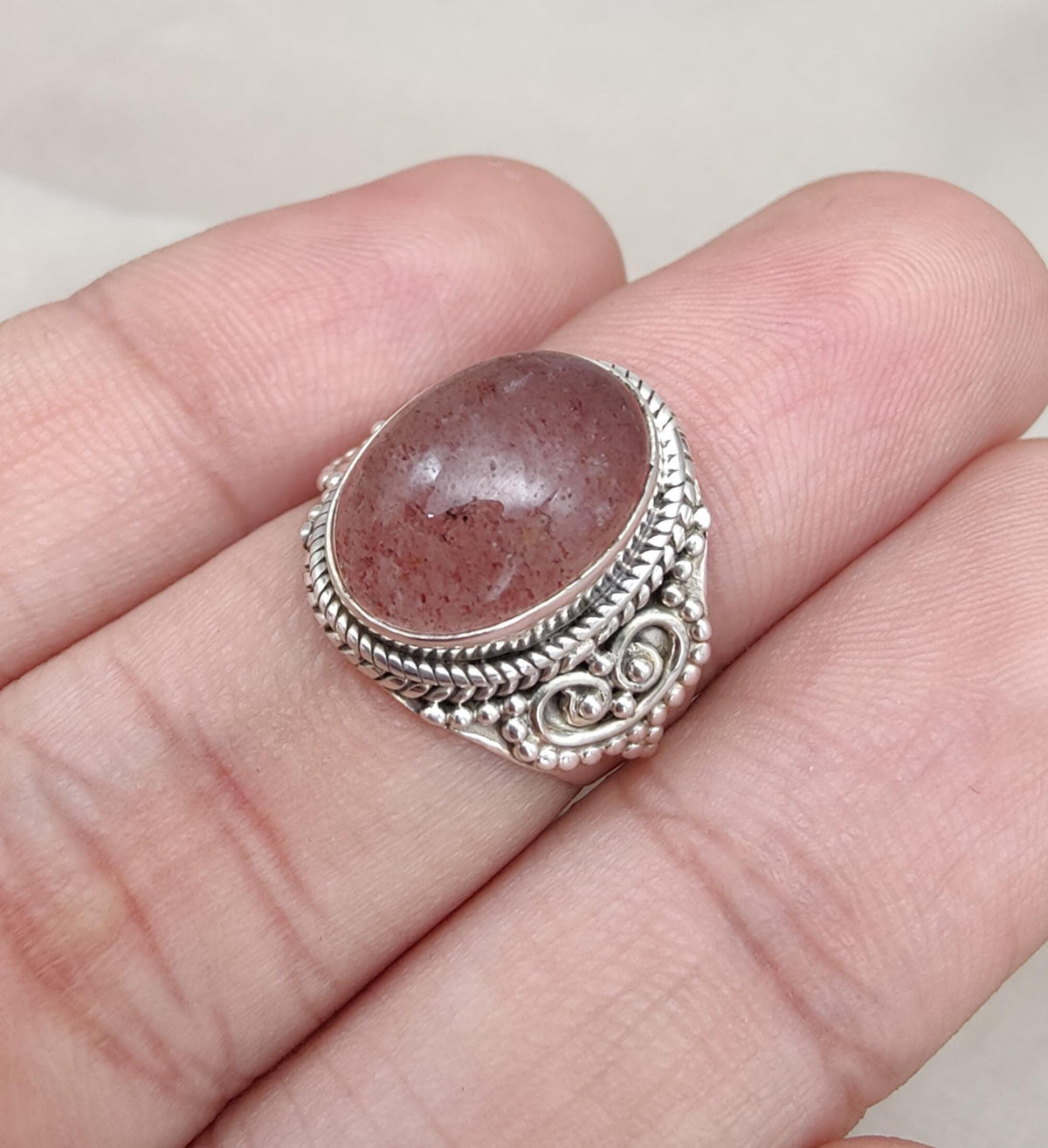 Strawberry Quartz 925 Sterling Silver Ring: Handmade Boho Gemstone Jewelry