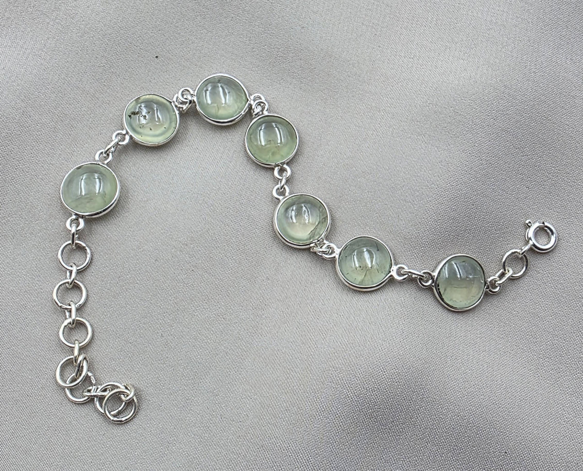 925 Sterling Silver Prehnite Cabochon Link Bracelet Handmade Gemstone Jewelry Gift for Her