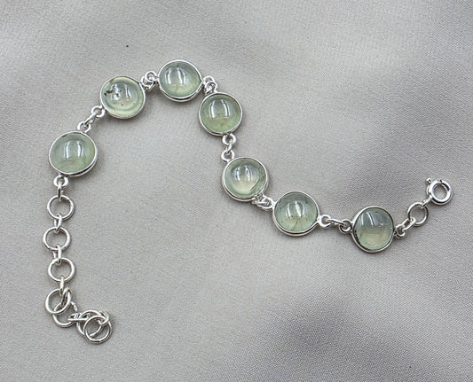 925 Sterling Silver Prehnite Cabochon Link Bracelet Handmade Gemstone Jewelry Gift for Her