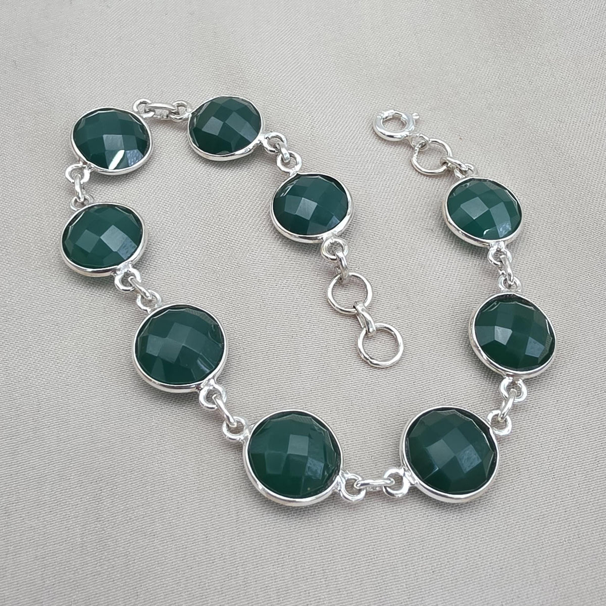 Green Onyx Bracelet 925 Sterling Silver Faceted Round Stone Link Bracelet Handmade Jewelry