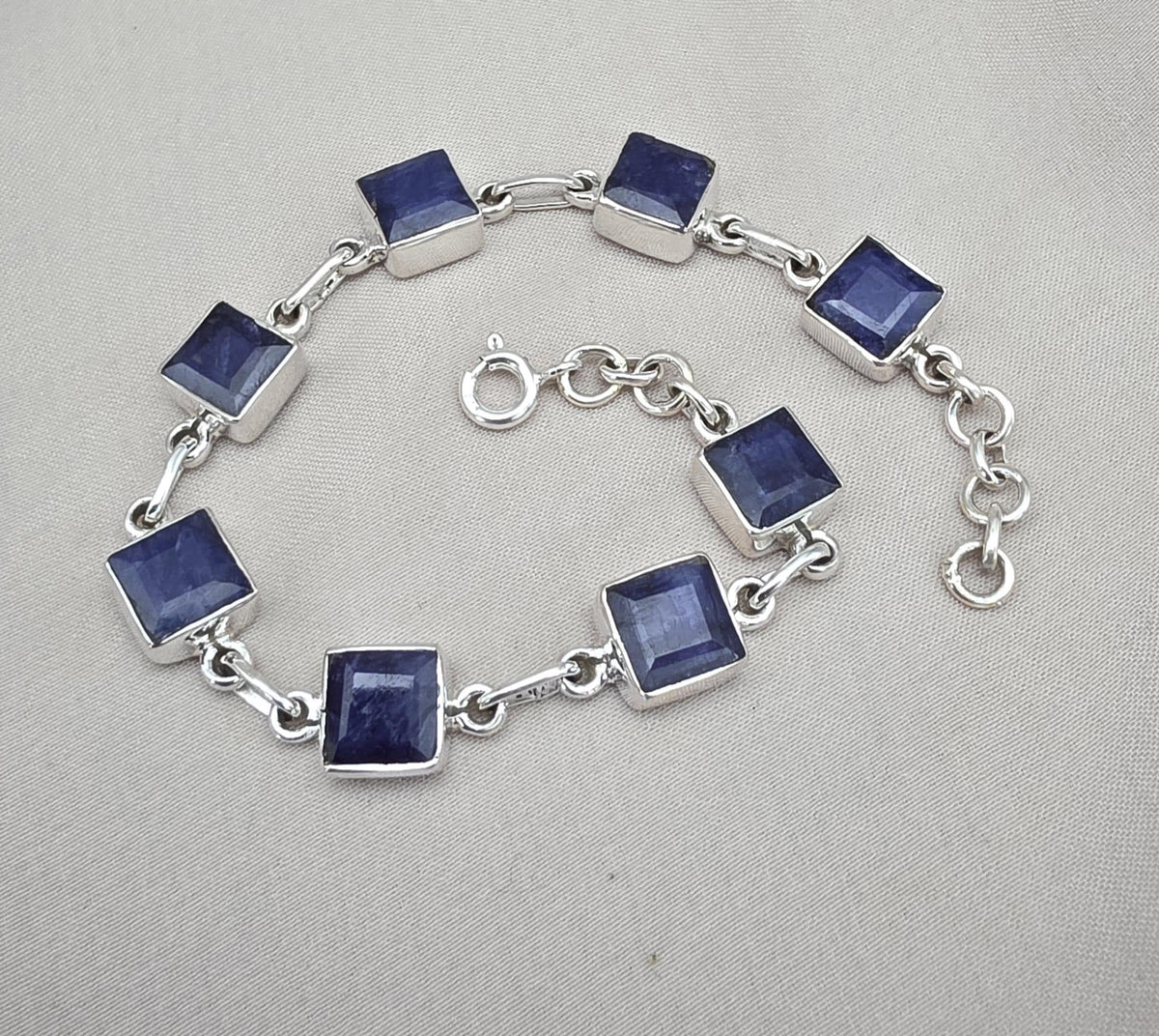 Blue Sapphire Cushion Link Bracelet 925 Sterling Silver Square Faceted Gemstone Bracelet Handmade Jewelry