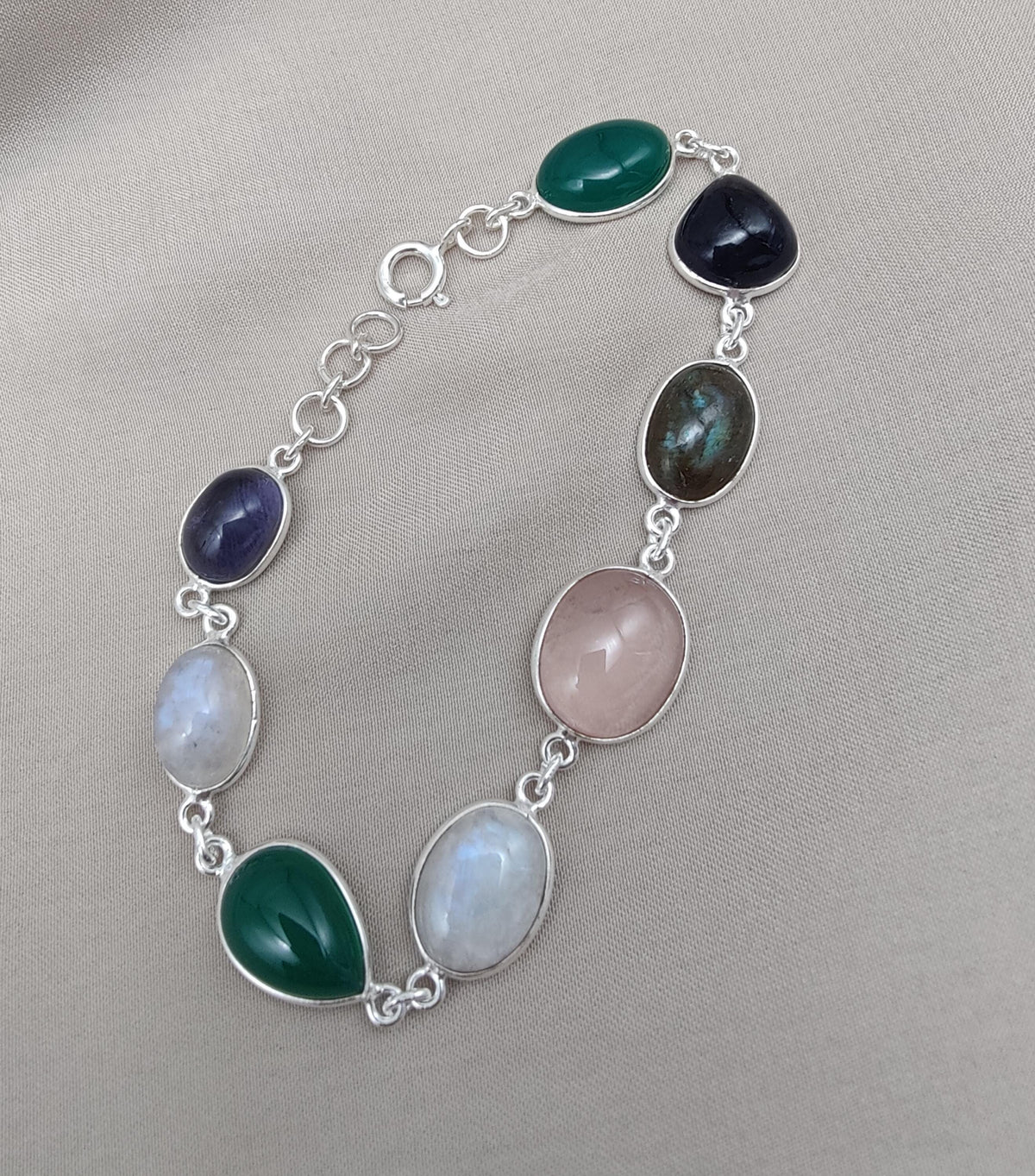 925 Sterling Silver Multi Gemstone Bracelet: Handmade Chakra Healing Crystal Jewelry