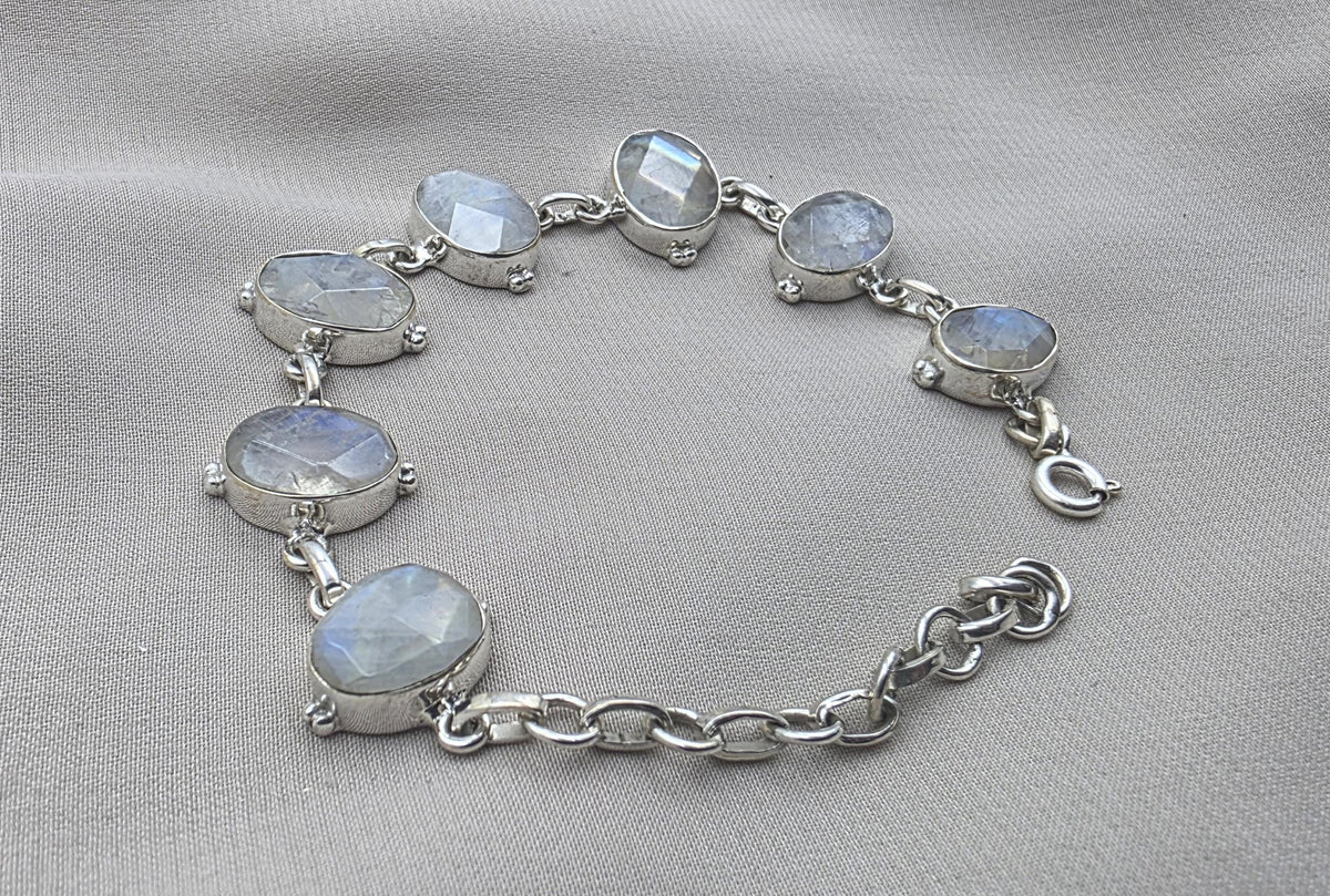Rainbow Moonstone 925 Sterling Silver Bracelet Natural Oval Link Jewelry