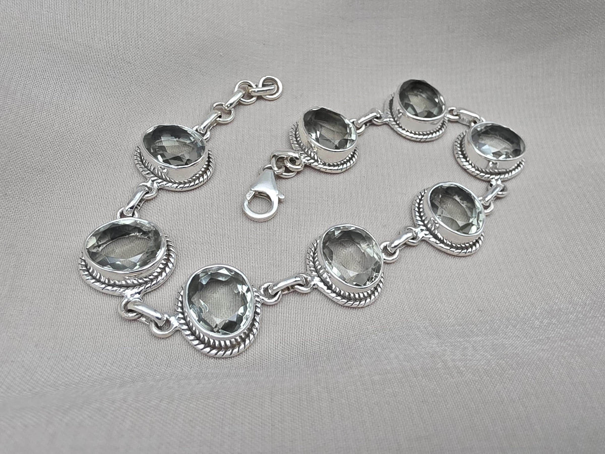 925 Sterling Silver Green Amethyst Bracelet Oval Prasiolite Gemstone Vintage Boho Bracelet for Women