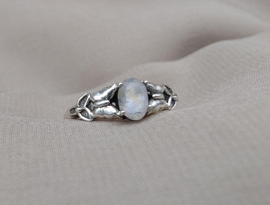 Rainbow Moonstone Goddess Ring: 925 Sterling Silver, Boho Spiritual Jewelry