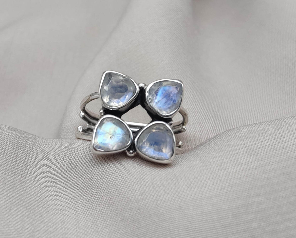 Rainbow Moonstone Floral Cluster Ring: Handmade 925 Sterling Silver