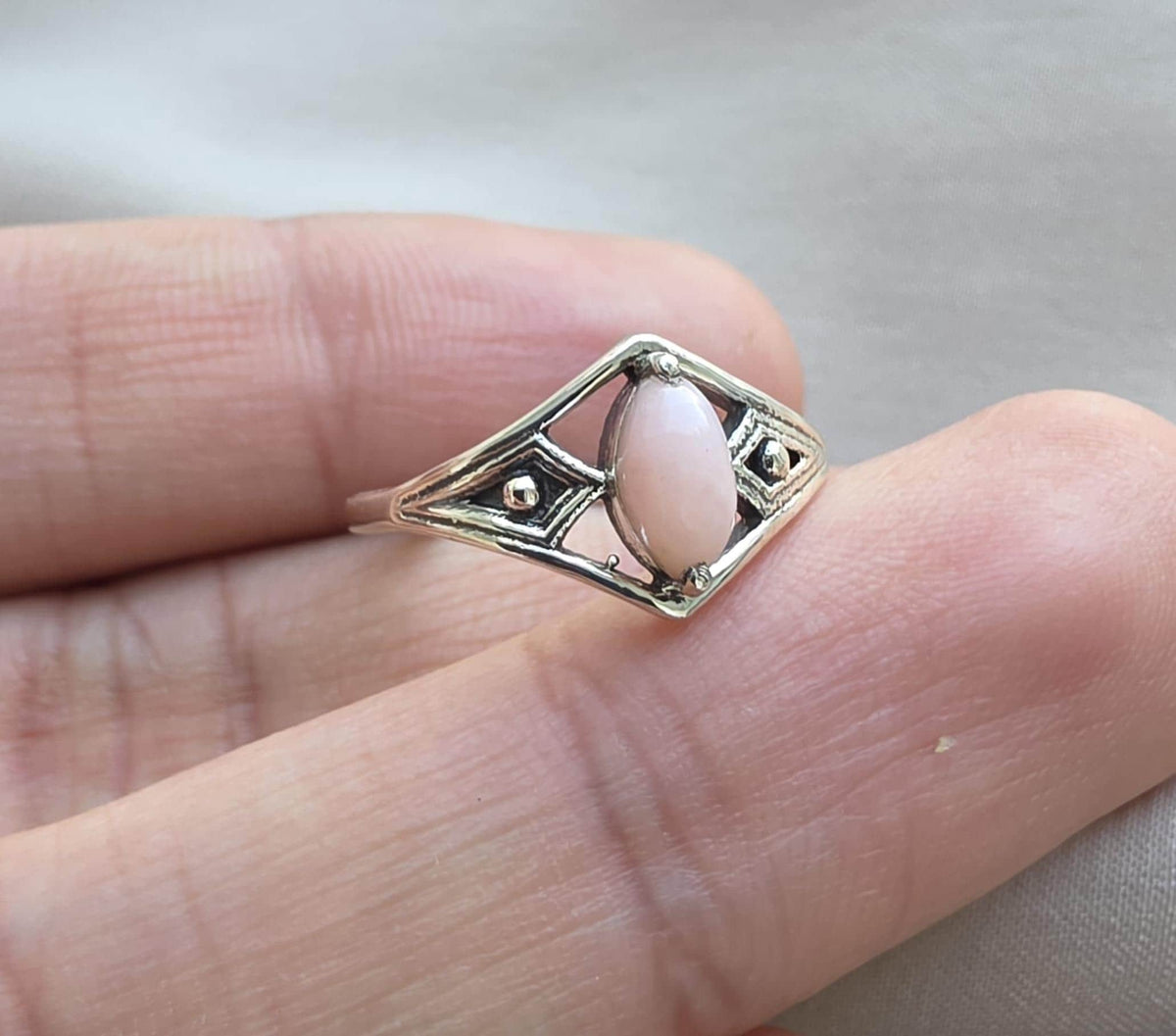 Pink Opal Ring 925 Sterling Silver Marquise Gemstone Minimal Geometric Boho Ring