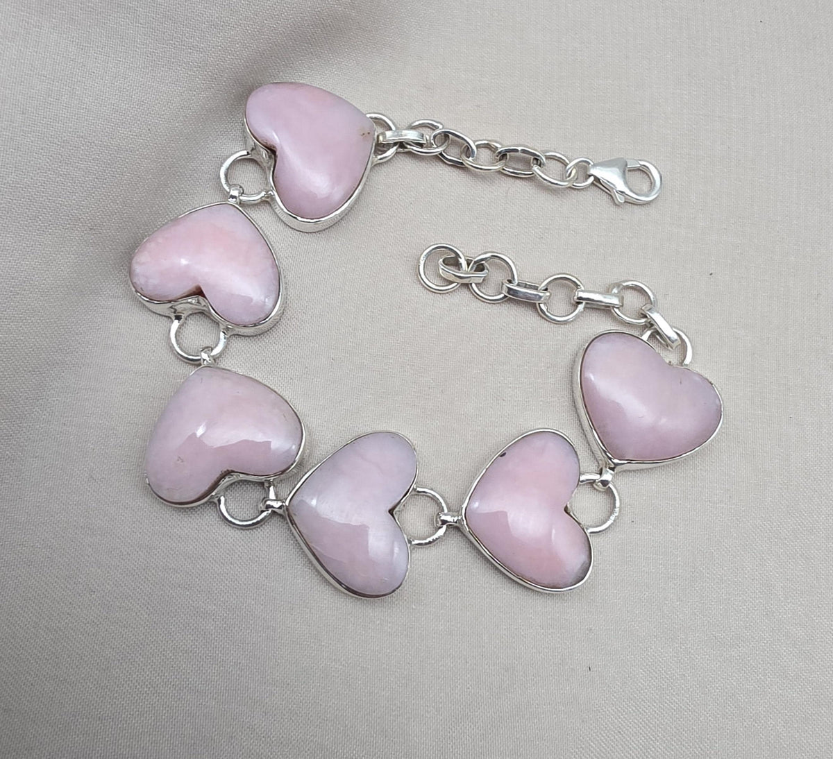Pink Opal Heart Bracelet, 925 Sterling Silver, Handmade