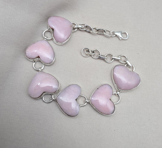 Pink Opal Heart Bracelet, 925 Sterling Silver, Handmade