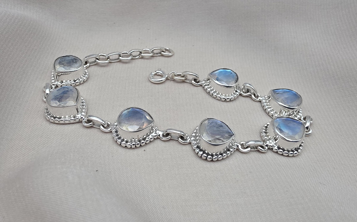 Rainbow Moonstone 925 Sterling Silver Bracelet Natural Handmade