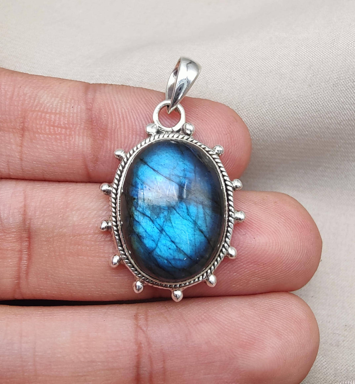 Blue Flash Labradorite 925 Sterling Silver Pendant Boho Necklace