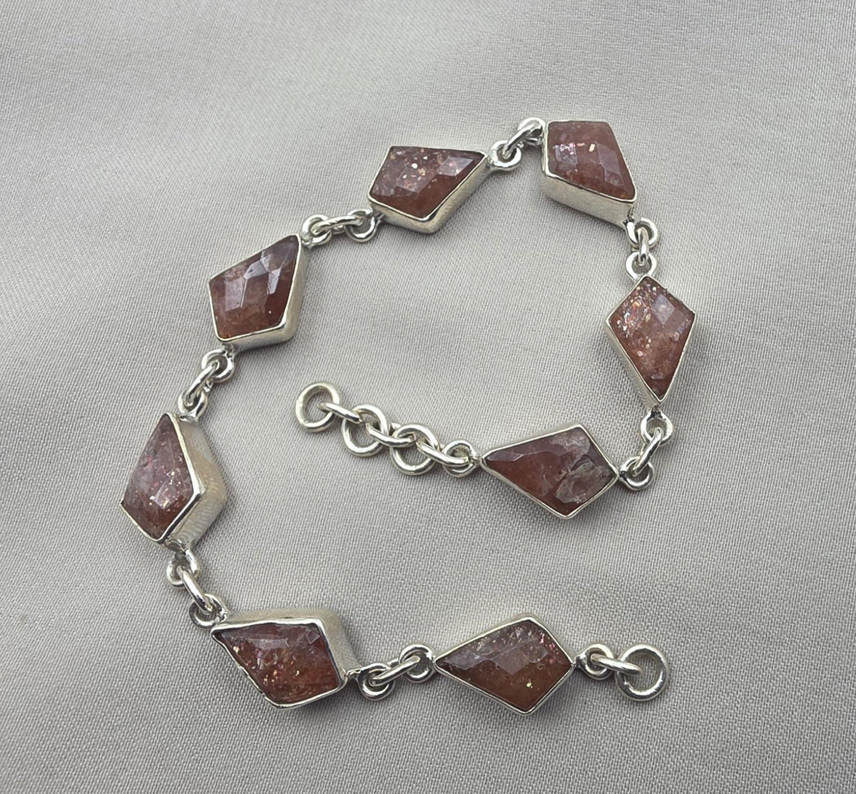 925 Sterling Silver Natural Sunstone Bracelet Handmade Gemstone Link Jewelry
