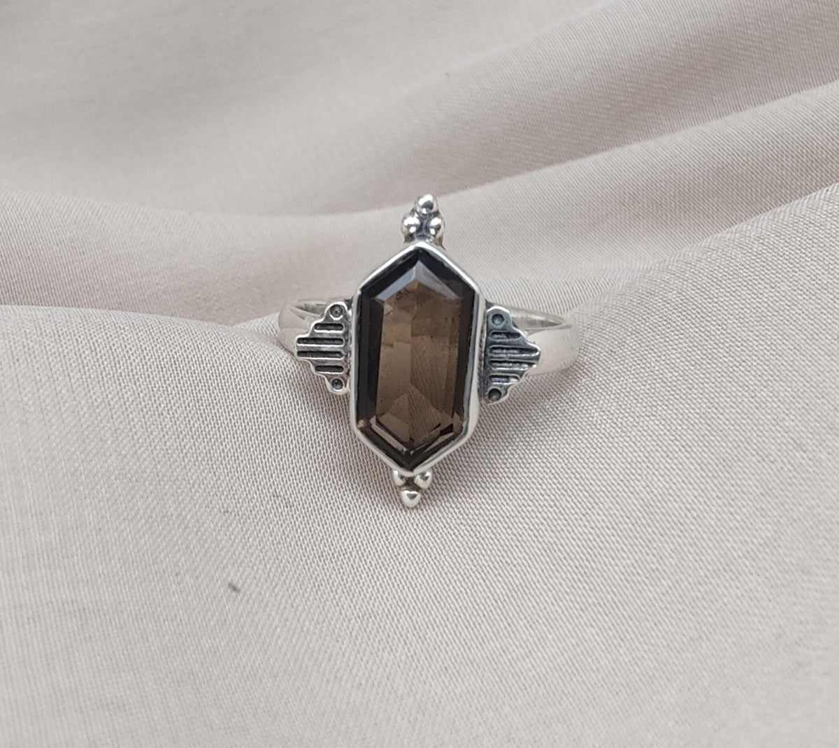 Smoky Quartz Sterling Silver Ring: Hexagon Gemstone, Boho Jewelry