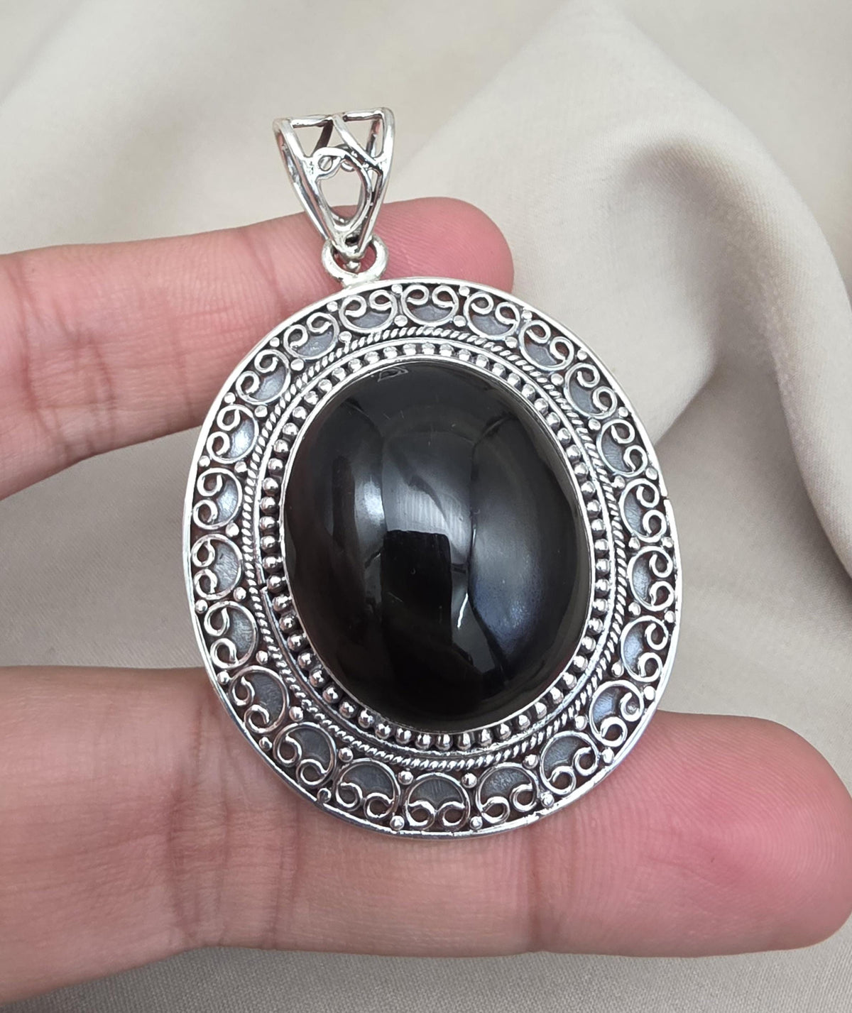 925 Sterling Silver Natural Black Onyx Silver Pendant Oval Cabochon Handmade Gemstone Jewelry