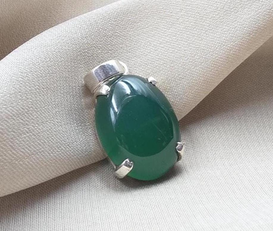 925 Sterling Silver Oval Green Onyx Pendant, Natural Gemstone Charm, Handmade Jewelry