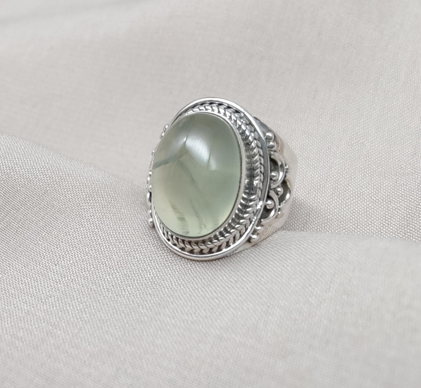 Prehnite 925 Sterling Silver Ring: Handmade Boho Healing Crystal