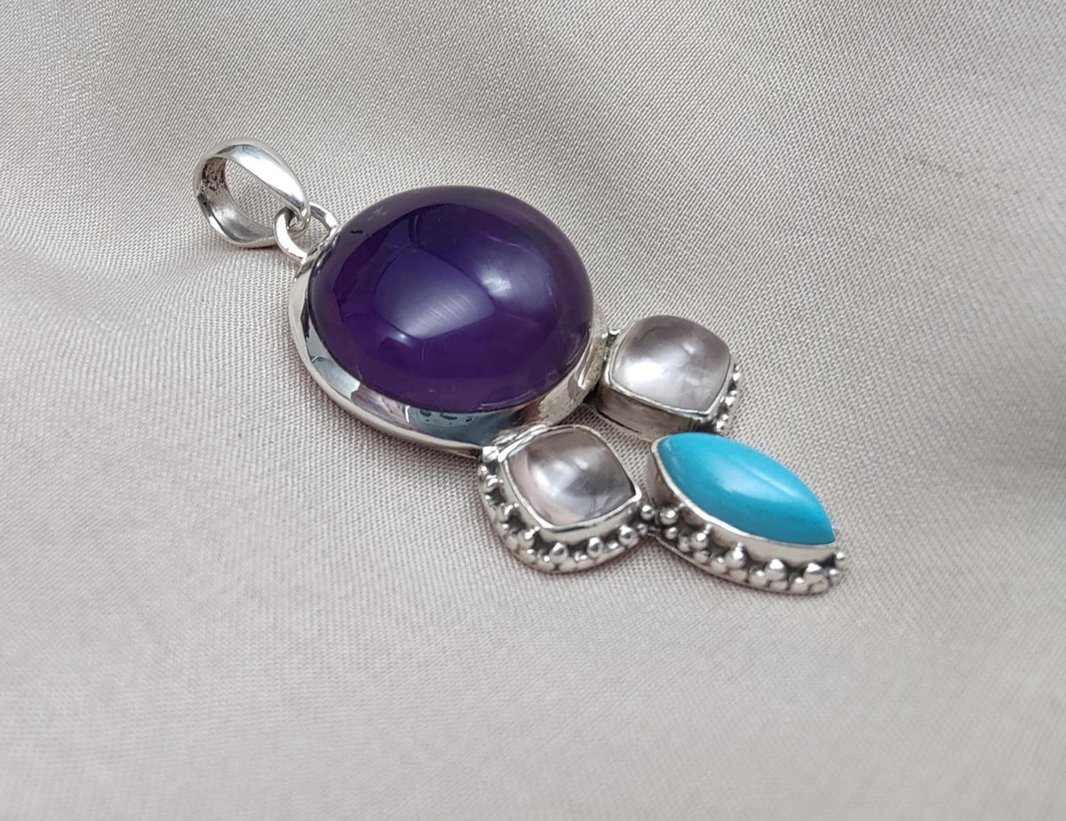 Amethyst Rose Quartz Turquoise Pendant: 925 Silver Healing Crystal Boho Necklace