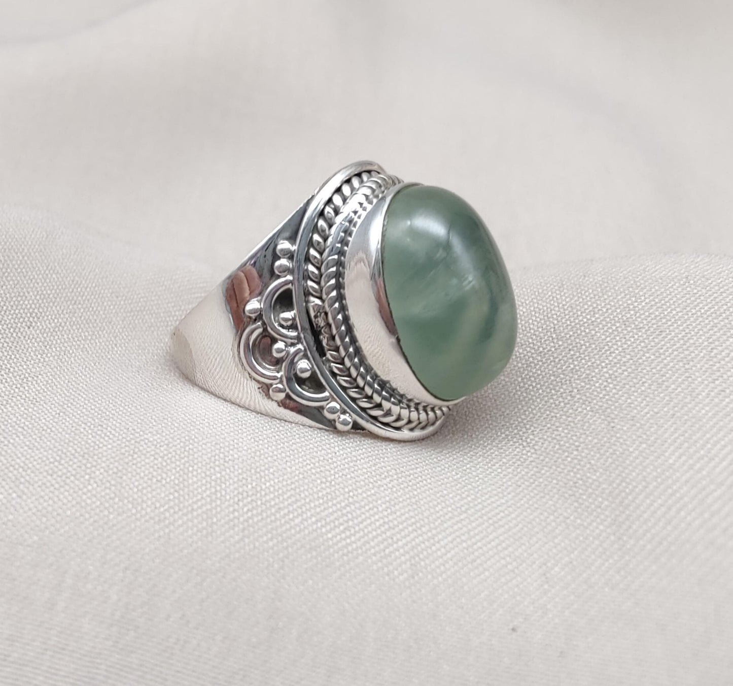 Prehnite 925 Sterling Silver Ring: Handmade Boho Healing Crystal