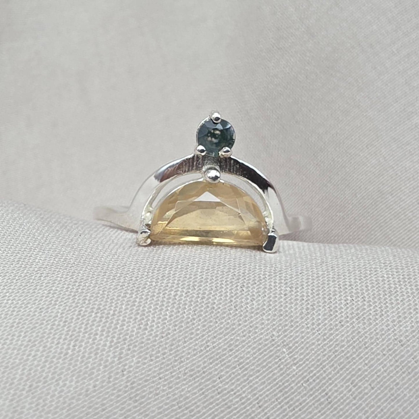 Citrine Ring 925 Sterling Silver Dual Stone Moss Agate Statement Ring