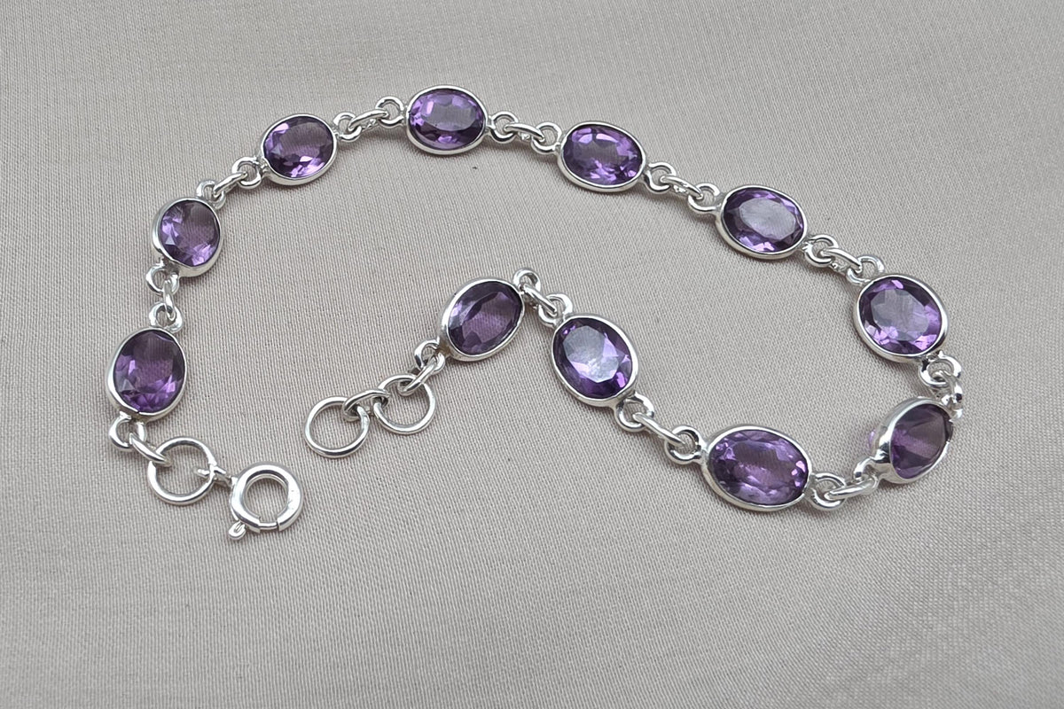 925 Sterling Silver Amethyst Bracelet Natural Purple Gemstone Oval Link Jewelry