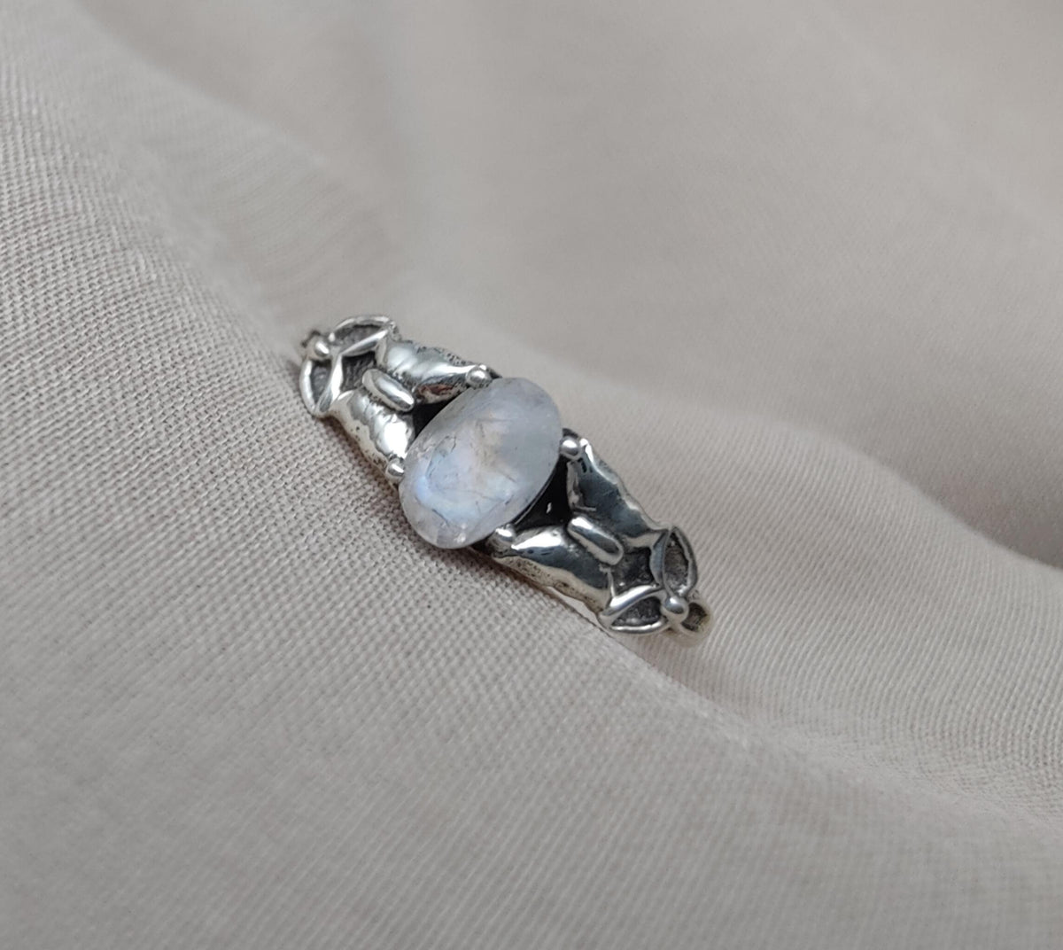 Rainbow Moonstone Goddess Ring: 925 Sterling Silver, Boho Spiritual Jewelry