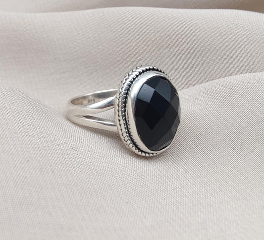 Black Onyx Ring: Faceted Oval Gemstone, 925 Sterling Silver, Boho Protection Jewelry