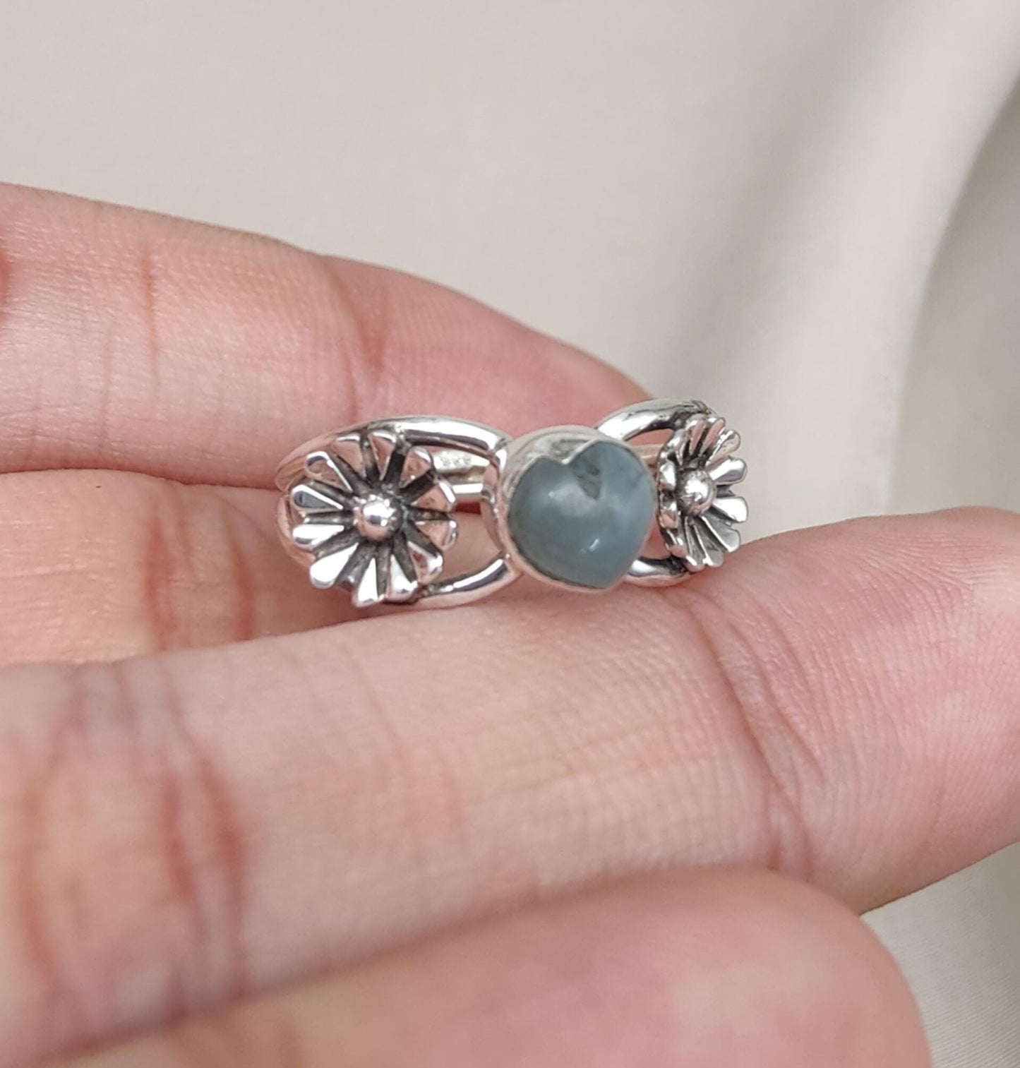 Aquamarine Heart Ring 925 Sterling Silver Floral Boho Ring